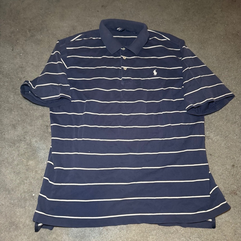 Polo Golf Ralph Lauren Mens XL Navy Blue White Striped Pima Cotton Polo Shirt